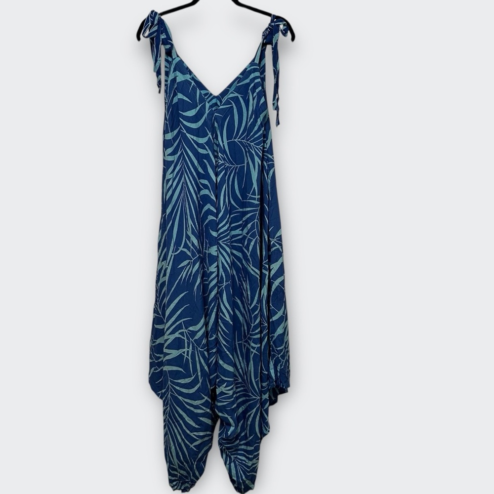 Leina Designs Hawaii Blue Palm Leaf Rayon Harem Jumpsuit Romper L XL Tropical